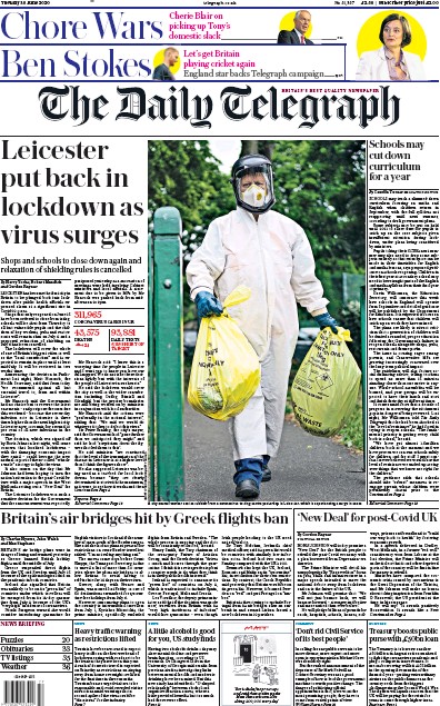 The Daily Telegraph Newspaper Front Page for 30 June 2020