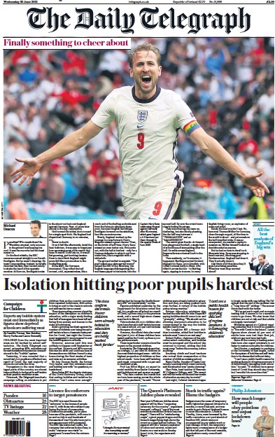 The Daily Telegraph (UK) Newspaper Front Page for 30 June 2021