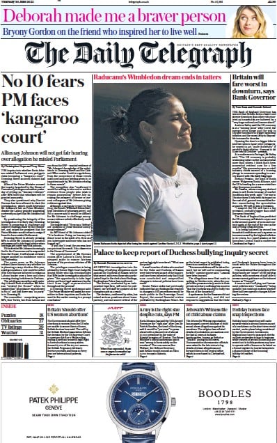 The Daily Telegraph (UK) Newspaper Front Page for 30 June 2022