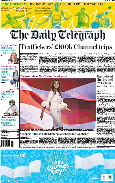 The Daily Telegraph Newspaper Front Page for 30 July 2016