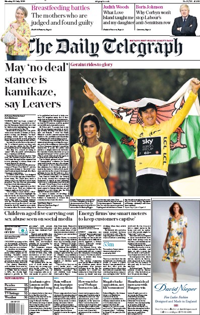 The Daily Telegraph Newspaper Front Page for 30 July 2018