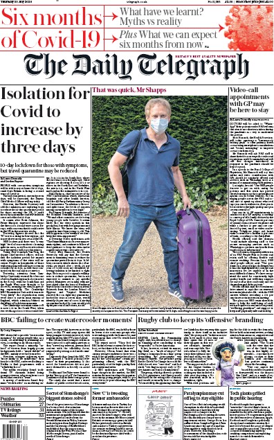 The Daily Telegraph Newspaper Front Page for 30 July 2020