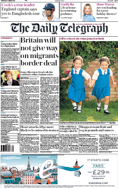 The Daily Telegraph Newspaper Front Page for 30 August 2016