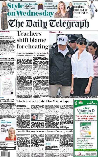 The Daily Telegraph Newspaper Front Page for 30 August 2017