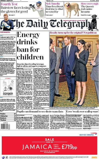 The Daily Telegraph (UK) Newspaper Front Page for 30 August 2018