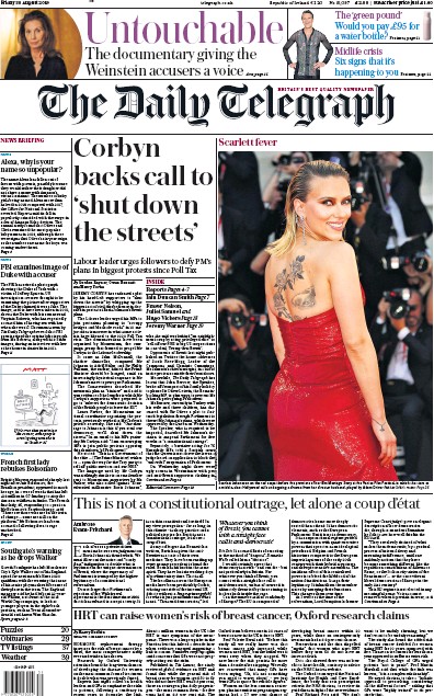 The Daily Telegraph (UK) Newspaper Front Page for 30 August 2019