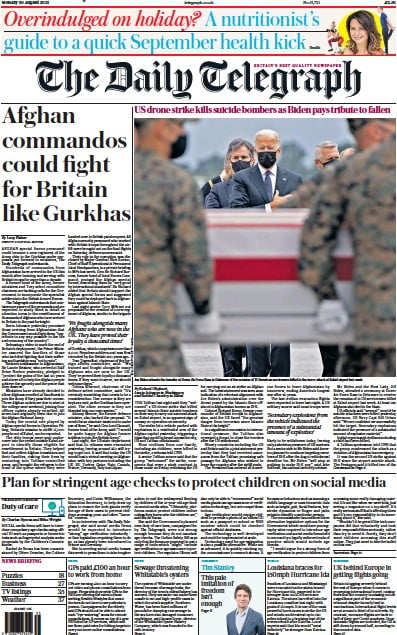 The Daily Telegraph (UK) Newspaper Front Page for 30 August 2021
