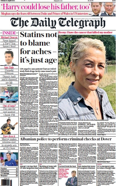 The Daily Telegraph (UK) Newspaper Front Page for 30 August 2022