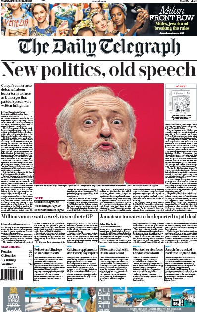 The Daily Telegraph (UK) Newspaper Front Page for 30 September 2015
