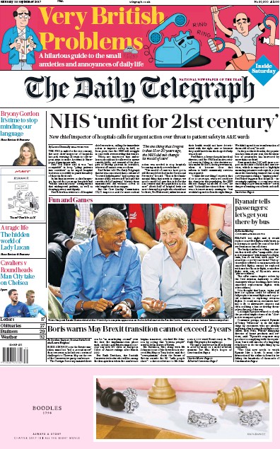 The Daily Telegraph Newspaper Front Page for 30 September 2017