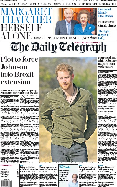 The Daily Telegraph Newspaper Front Page for 30 September 2019