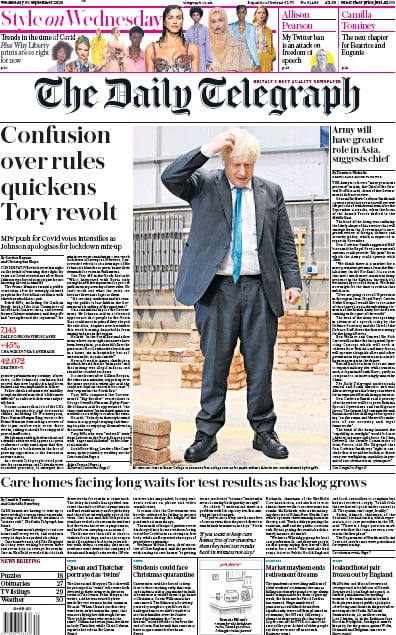The Daily Telegraph Newspaper Front Page for 30 September 2020
