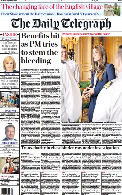 The Daily Telegraph (UK) Newspaper Front Page for 30 September 2022