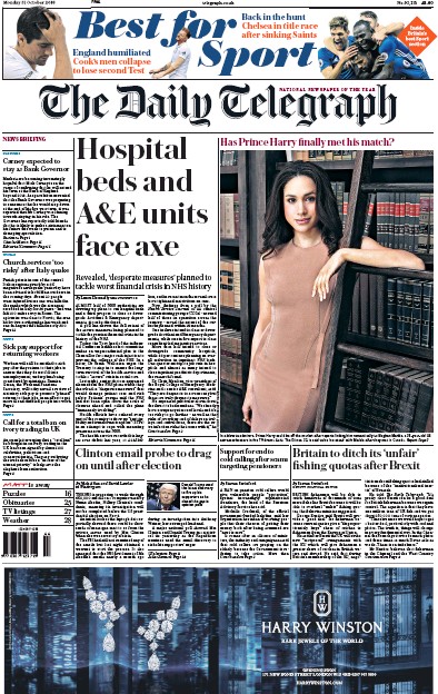 The Daily Telegraph Newspaper Front Page for 31 October 2016