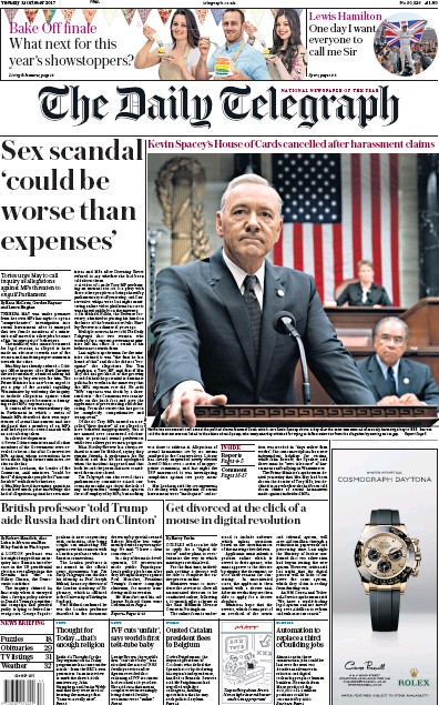 The Daily Telegraph Newspaper Front Page for 31 October 2017