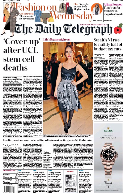 The Daily Telegraph (UK) Newspaper Front Page for 31 October 2018