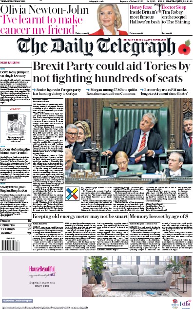 The Daily Telegraph Newspaper Front Page for 31 October 2019