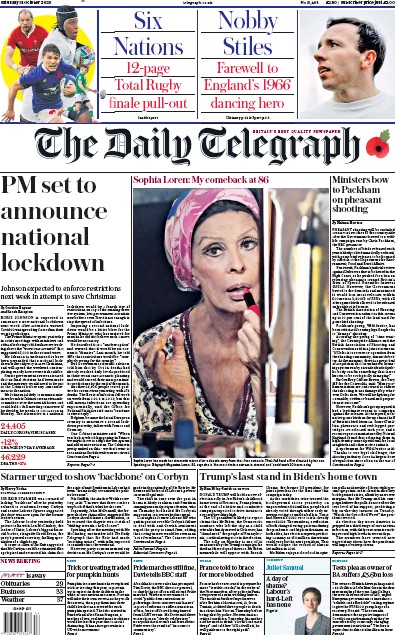 The Daily Telegraph Newspaper Front Page for 31 October 2020