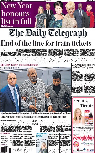 The Daily Telegraph Newspaper Front Page for 31 December 2015