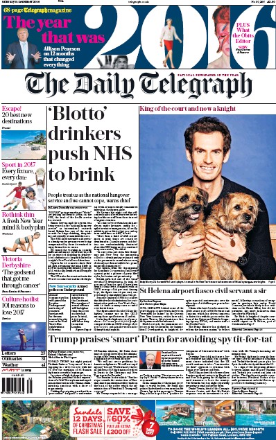 The Daily Telegraph Newspaper Front Page for 31 December 2016