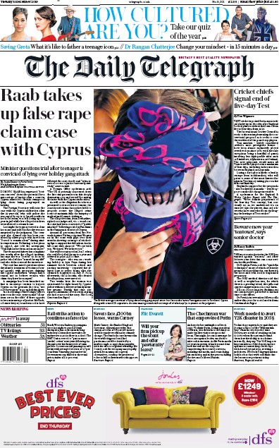 The Daily Telegraph (UK) Newspaper Front Page for 31 December 2019