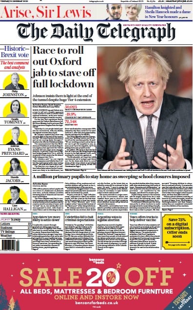 The Daily Telegraph Newspaper Front Page for 31 December 2020
