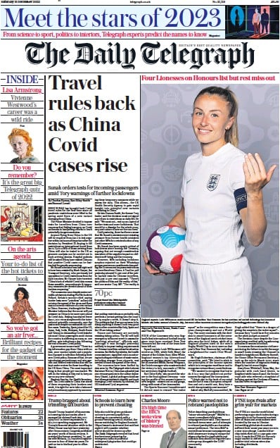 The Daily Telegraph Newspaper Front Page for 31 December 2022