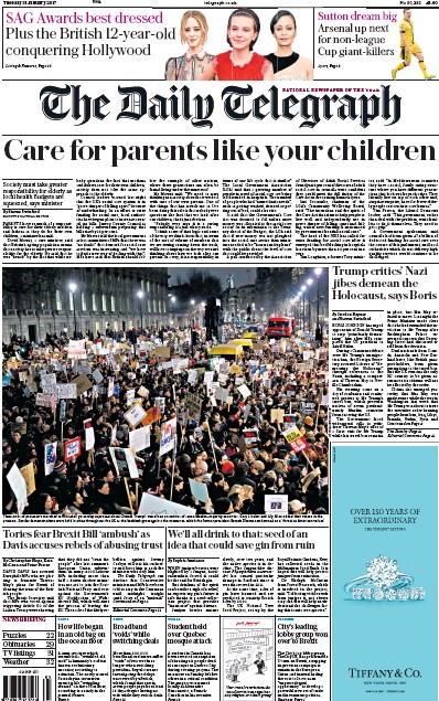 The Daily Telegraph Newspaper Front Page for 31 January 2017