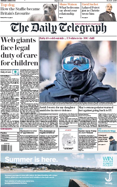 The Daily Telegraph (UK) Newspaper Front Page for 31 January 2019
