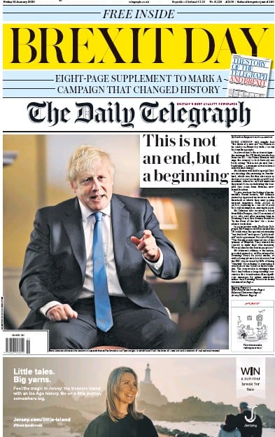 The Daily Telegraph (UK) Newspaper Front Page for 31 January 2020