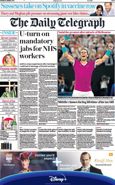 The Daily Telegraph (UK) Newspaper Front Page for 31 January 2022