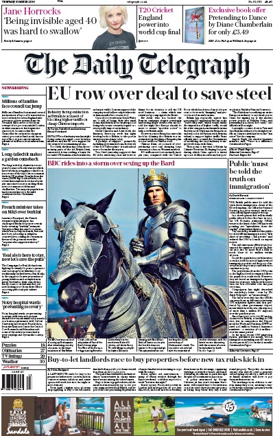 The Daily Telegraph Newspaper Front Page for 31 March 2016