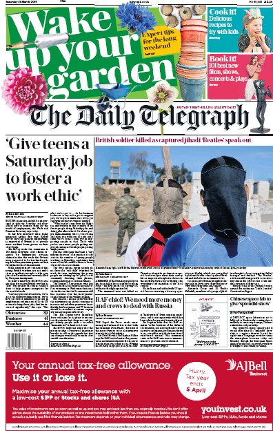 The Daily Telegraph Newspaper Front Page for 31 March 2018