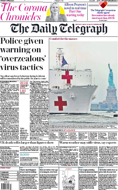 The Daily Telegraph Newspaper Front Page for 31 March 2020