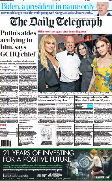 The Daily Telegraph (UK) Newspaper Front Page for 31 March 2022