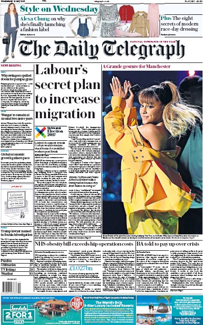 The Daily Telegraph Newspaper Front Page for 31 May 2017