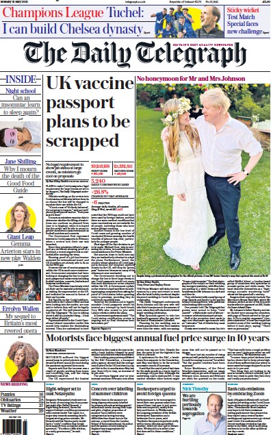 The Daily Telegraph (UK) Newspaper Front Page for 31 May 2021