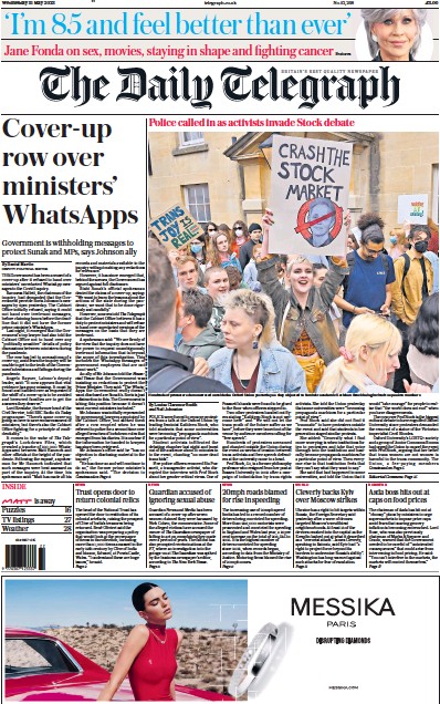 The Daily Telegraph (UK) Newspaper Front Page for 31 May 2023