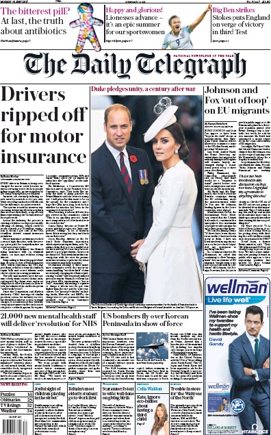 The Daily Telegraph Newspaper Front Page for 31 July 2017