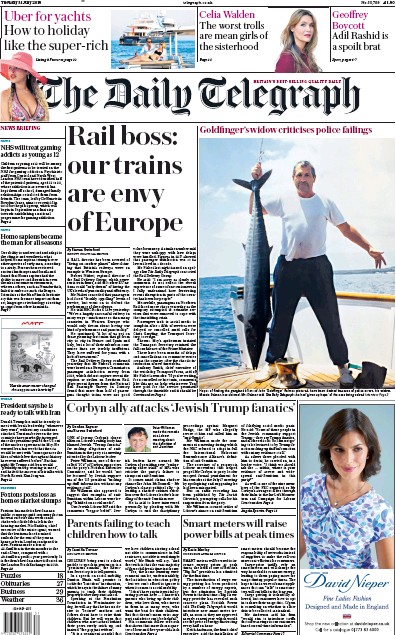 The Daily Telegraph Newspaper Front Page for 31 July 2018