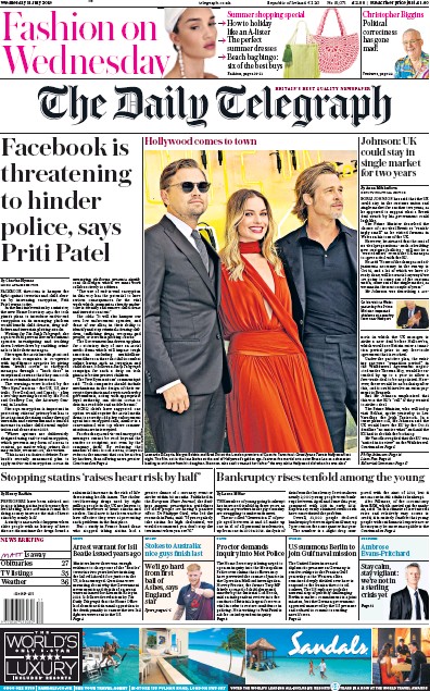 The Daily Telegraph (UK) Newspaper Front Page for 31 July 2019