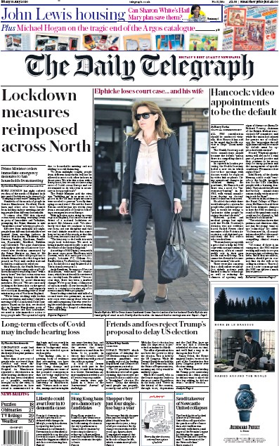 The Daily Telegraph (UK) Newspaper Front Page for 31 July 2020