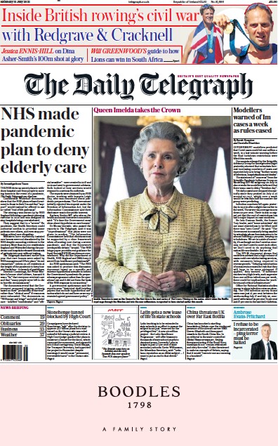 The Daily Telegraph (UK) Newspaper Front Page for 31 July 2021