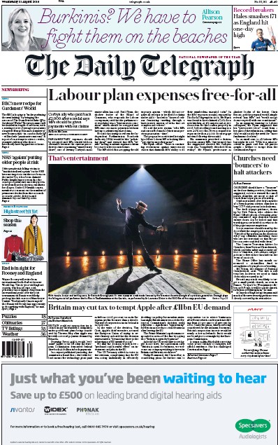 The Daily Telegraph Newspaper Front Page for 31 August 2016