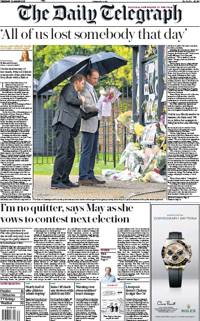 The Daily Telegraph Newspaper Front Page for 31 August 2017