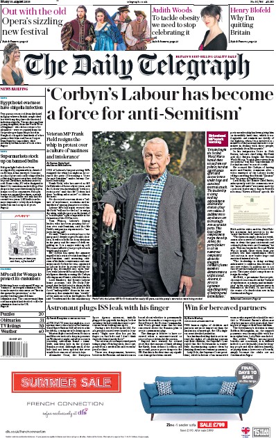 The Daily Telegraph Newspaper Front Page for 31 August 2018