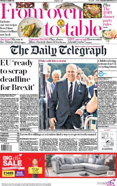 The Daily Telegraph (UK) Newspaper Front Page for 31 August 2019