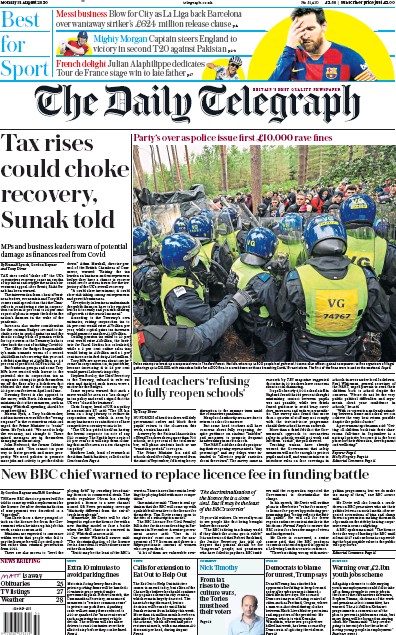 The Daily Telegraph (UK) Newspaper Front Page for 31 August 2020