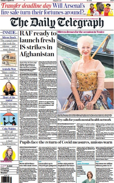 The Daily Telegraph (UK) Newspaper Front Page for 31 August 2021
