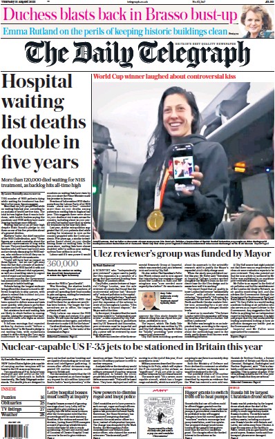 The Daily Telegraph (UK) Newspaper Front Page for 31 August 2023